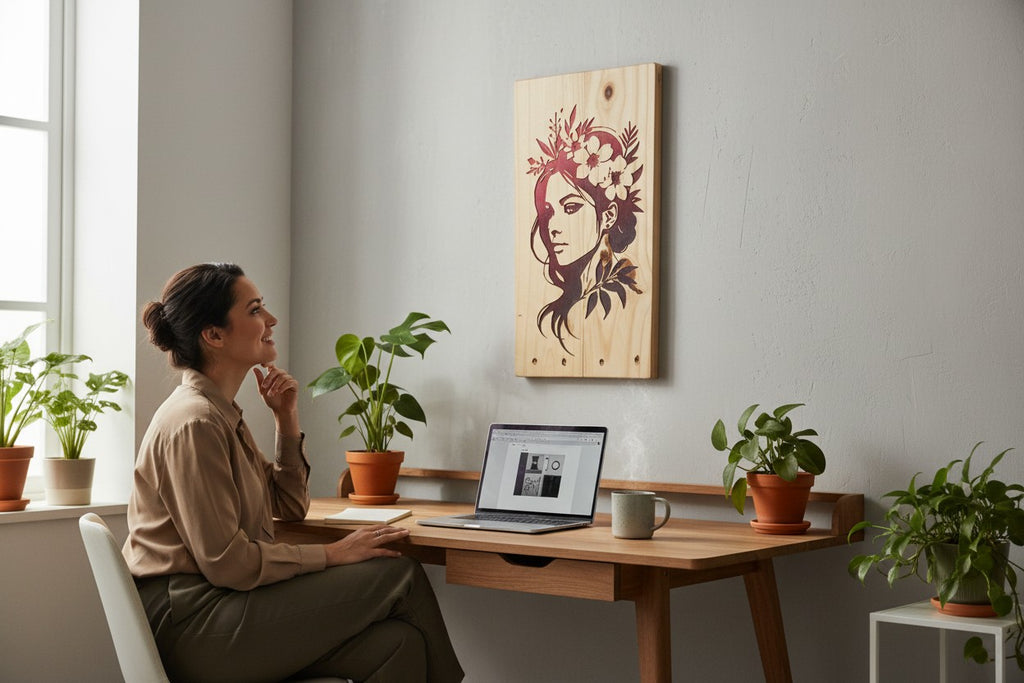 TK Wood Designs wooden sign featuring a woman with flowers in her hair, carved wood.