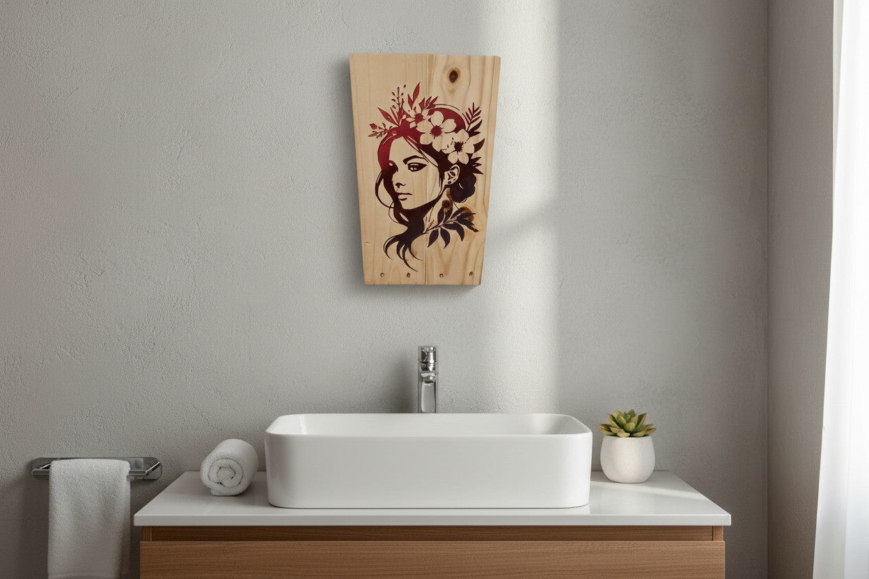 TK Wood Designs wooden sign featuring a woman with a floral crown and dark hair, rendered in a dark red and black stencil style.