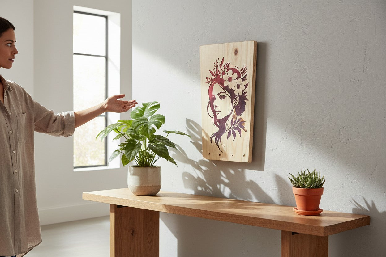 TK Wood Designs wooden sign featuring a woman with a floral crown and dark hair, rendered in a dark silhouette with red floral accents.