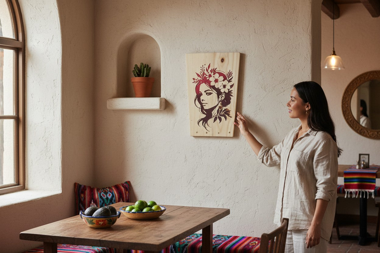 TK Wood Designs wooden sign featuring a woman with a floral crown and dark hair, rendered in a dark silhouette with red floral accents.