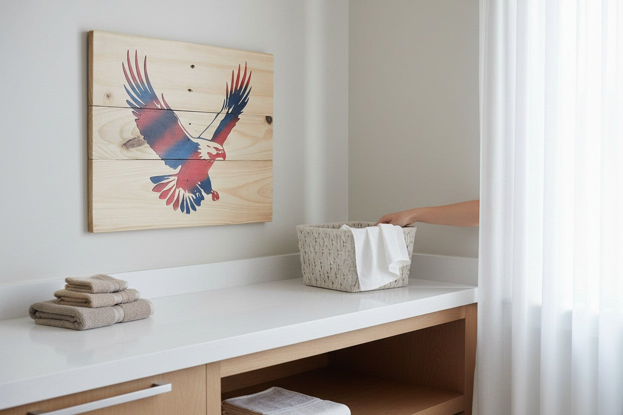 TK Wood Designs Flying Eagle salvaged wood sign with red, white, and blue painted details.