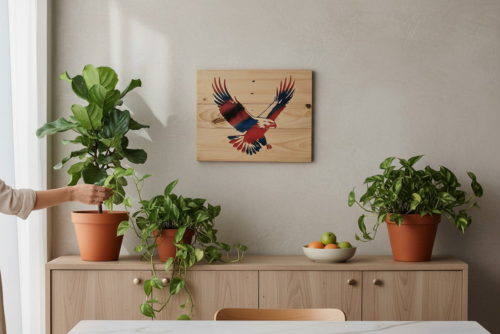 TK Wood Designs salvaged wood sign featuring a red, white, and blue flying eagle. Rustic, reclaimed wood.