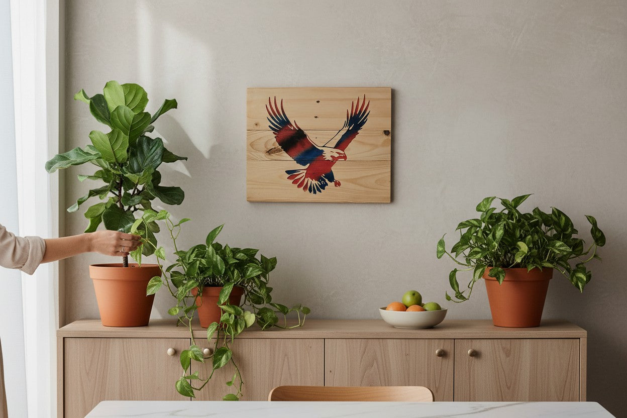 TK Wood Designs salvaged wood sign featuring a red, white, and blue flying eagle. Rustic, reclaimed wood.