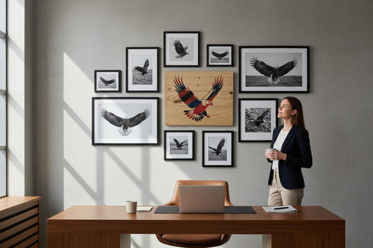 TK Wood Designs flying eagle salvaged wood sign with red, white, and blue painted details. Rustic wall art.