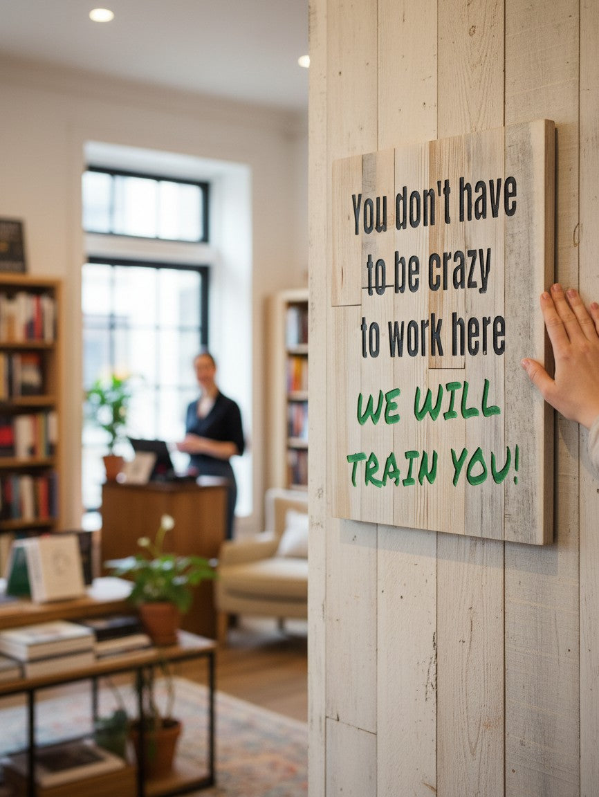 TK Wood Designs rustic wood sign with black text reading "You don't have to be crazy to work here" and green text reading "WE WILL TRAIN YOU!"