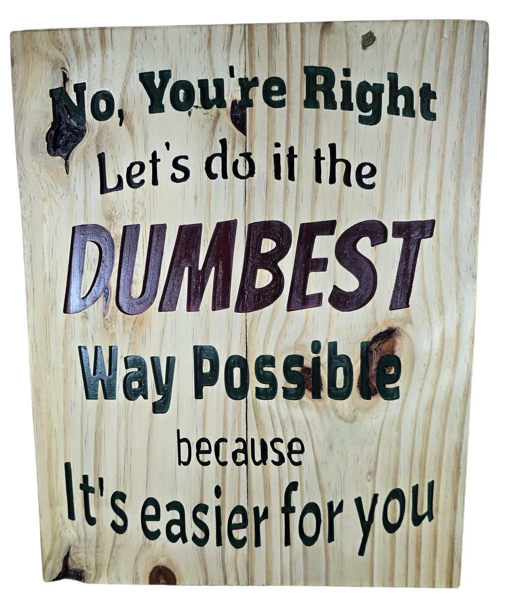 TK Wood Designs rustic wood sign with witty phrase 'No, You're Right Let's do it the DUMBEST Way Possible because It's easier for you.'