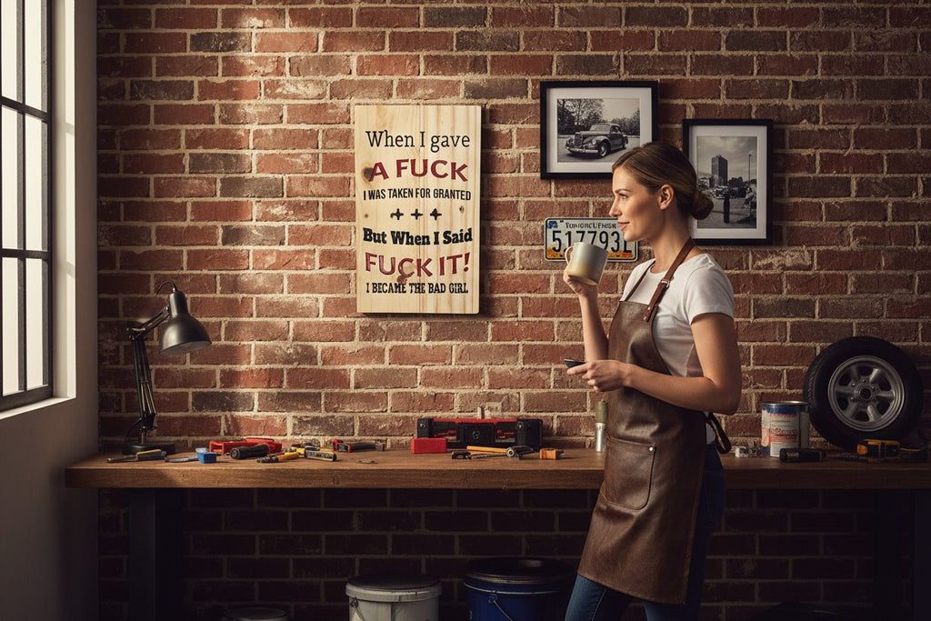 TK Wood Designs wooden sign with bold black and red text reading "When I gave A FUCK I WAS TAKEN FOR GRANTED +++ But When I Said FUCK IT! I BECAME THE BAD GIRL."