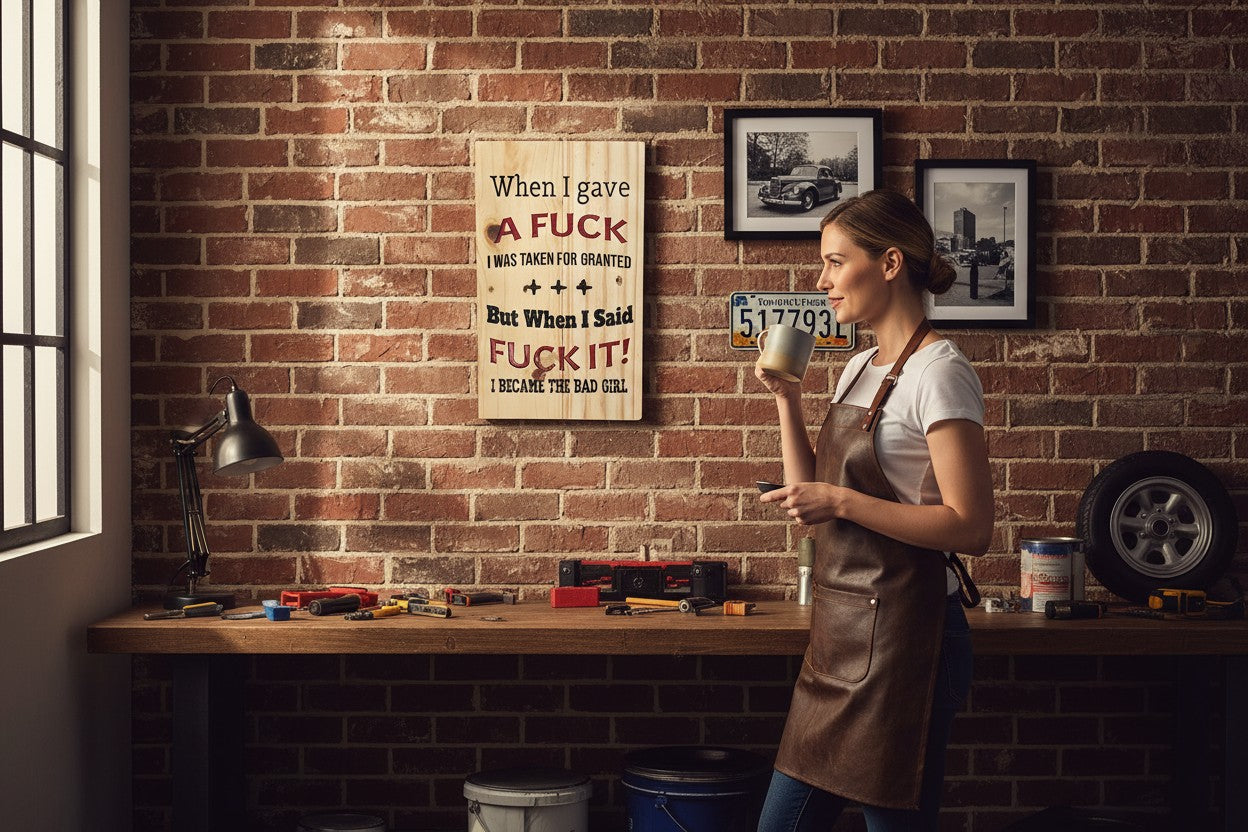 TK Wood Designs wooden sign with bold black and red text reading "When I gave A FUCK I WAS TAKEN FOR GRANTED +++ But When I Said FUCK IT! I BECAME THE BAD GIRL."