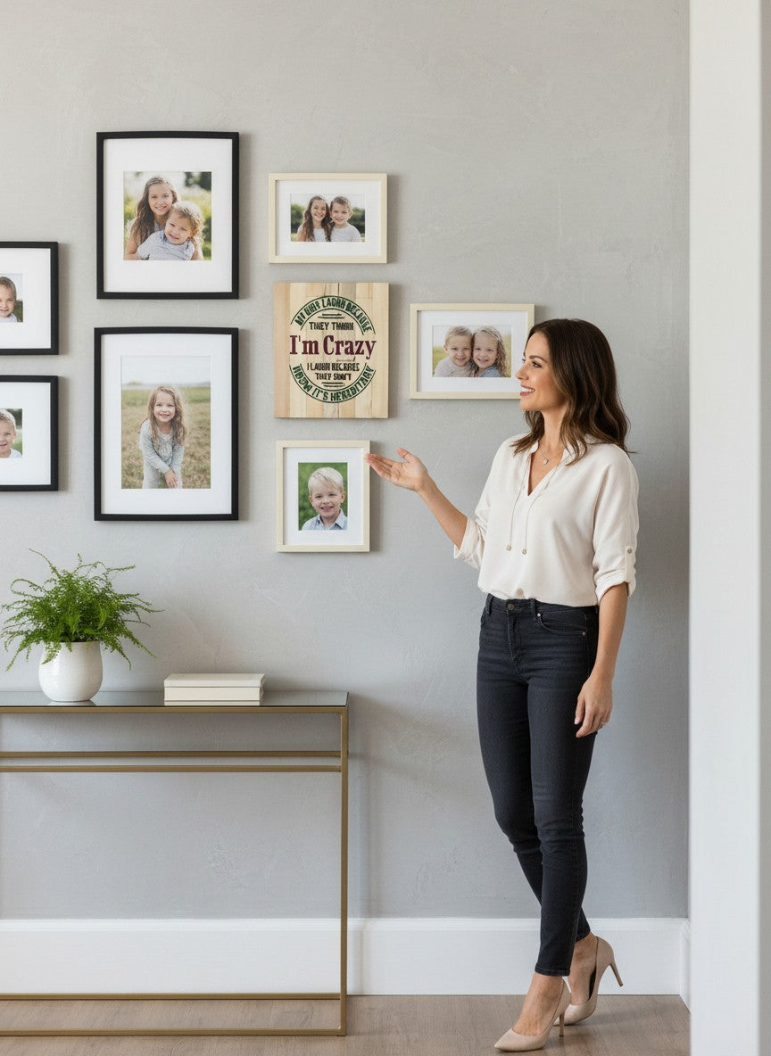 TK Wood Designs rustic wooden sign with "My kids laugh because they think I'm crazy. I laugh because they don't know it's hereditary" text.