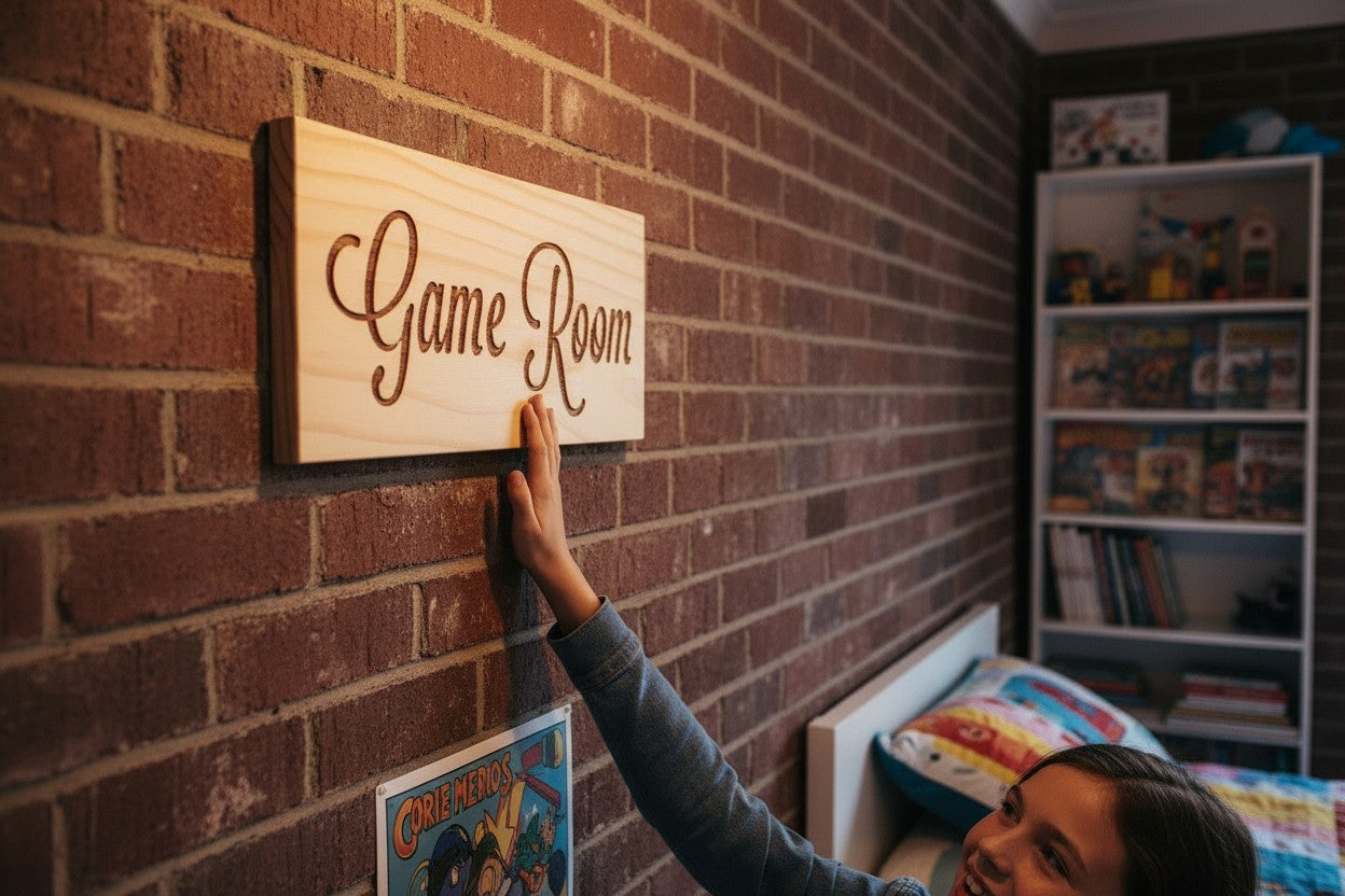 TK Wood Designs rustic wood sign reading "Game Room" above a doorway in a brick-walled game room with arcade machines.
