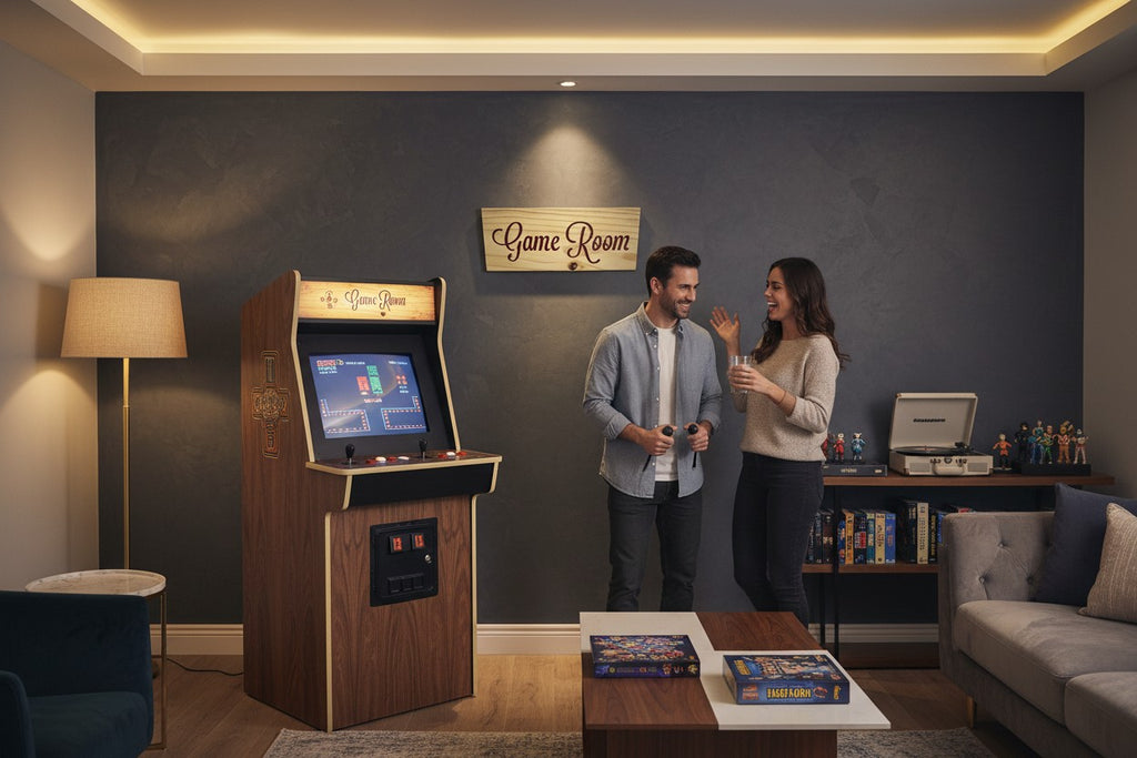 TK Wood Designs rustic light wood sign with carved burgundy "Game Room" text. Perfect for game rooms.