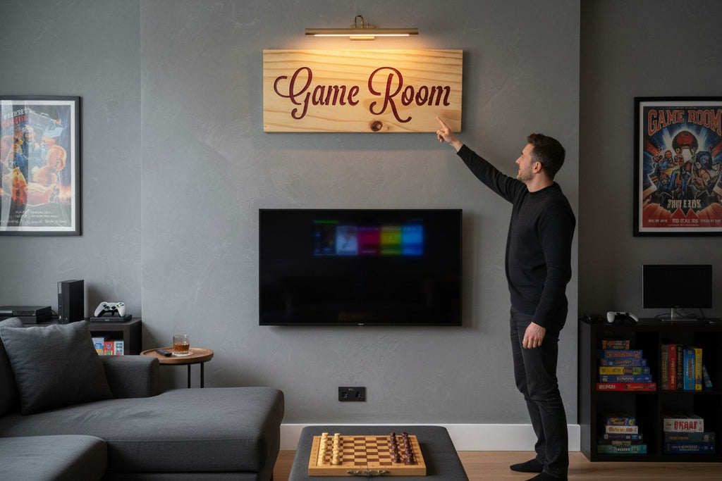 TK Wood Designs rustic light wood sign with carved burgundy "Game Room" text.