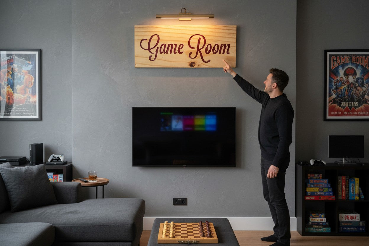 TK Wood Designs rustic light wood sign with carved burgundy "Game Room" text.