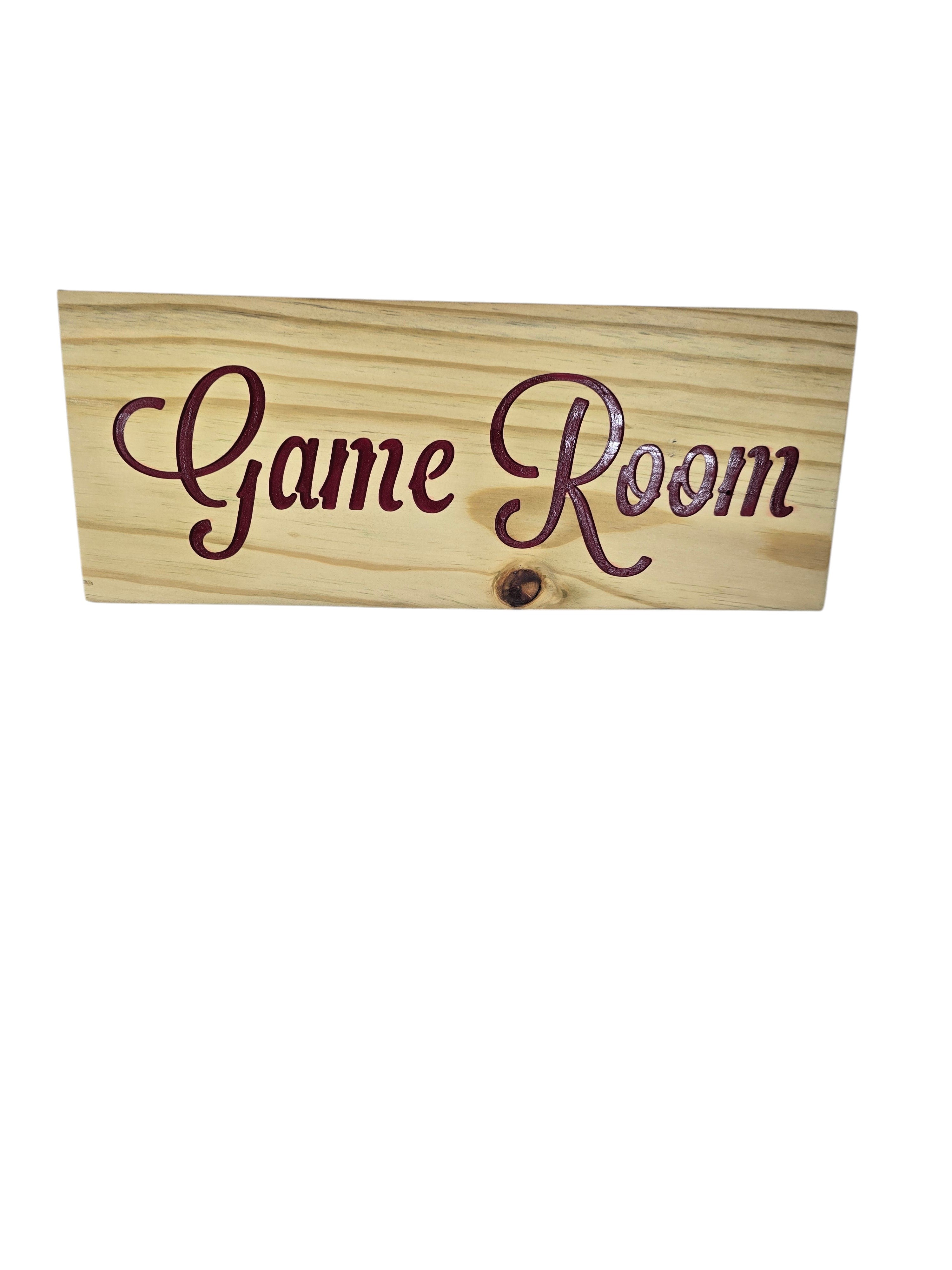 TK Wood Designs natural wood sign with carved burgundy 'Game Room' text, perfect for game room decor.