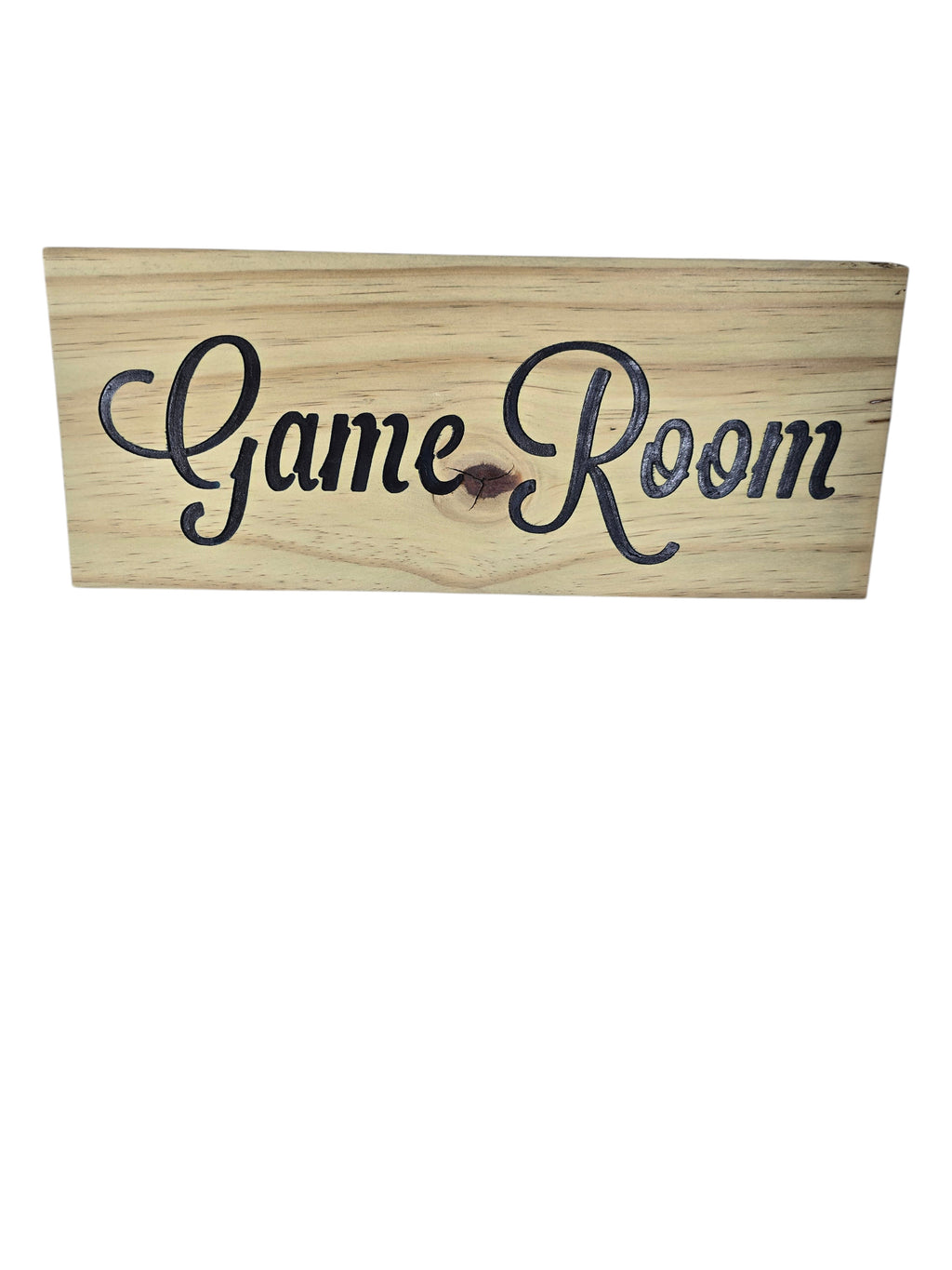 TK Wood Designs rustic wood sign with carved black 'Game Room' lettering. Natural wood grain.