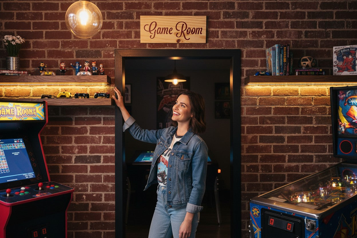 TK Wood Designs rustic light wood sign with carved burgundy "Game Room" text. Perfect for game rooms.