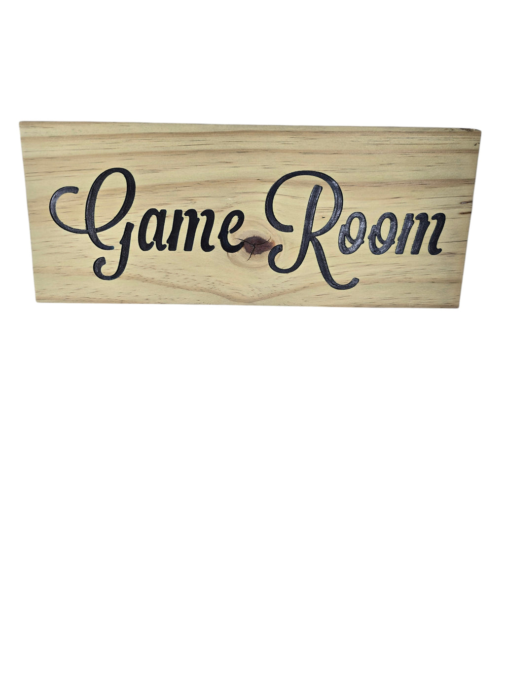 TK Wood Designs rustic wood sign with black script text "Game Room" for game room decor.