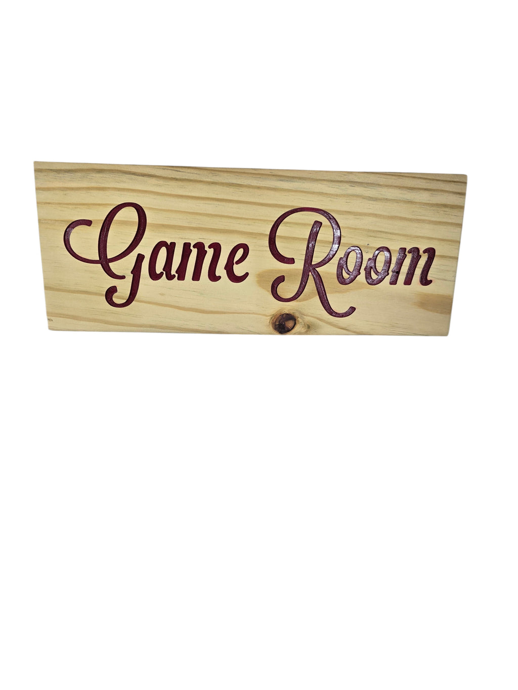 TK Wood Designs rustic wood sign with carved burgundy "Game Room" lettering. Natural wood grain.