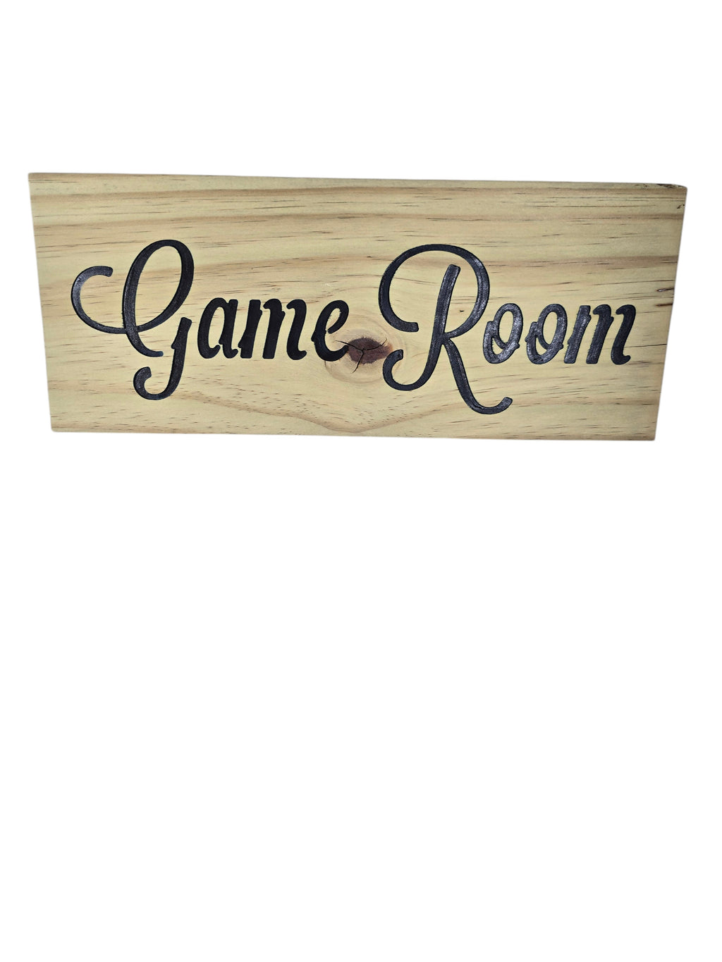 TK Wood Designs rustic wooden sign with black script text reading "Game Room".