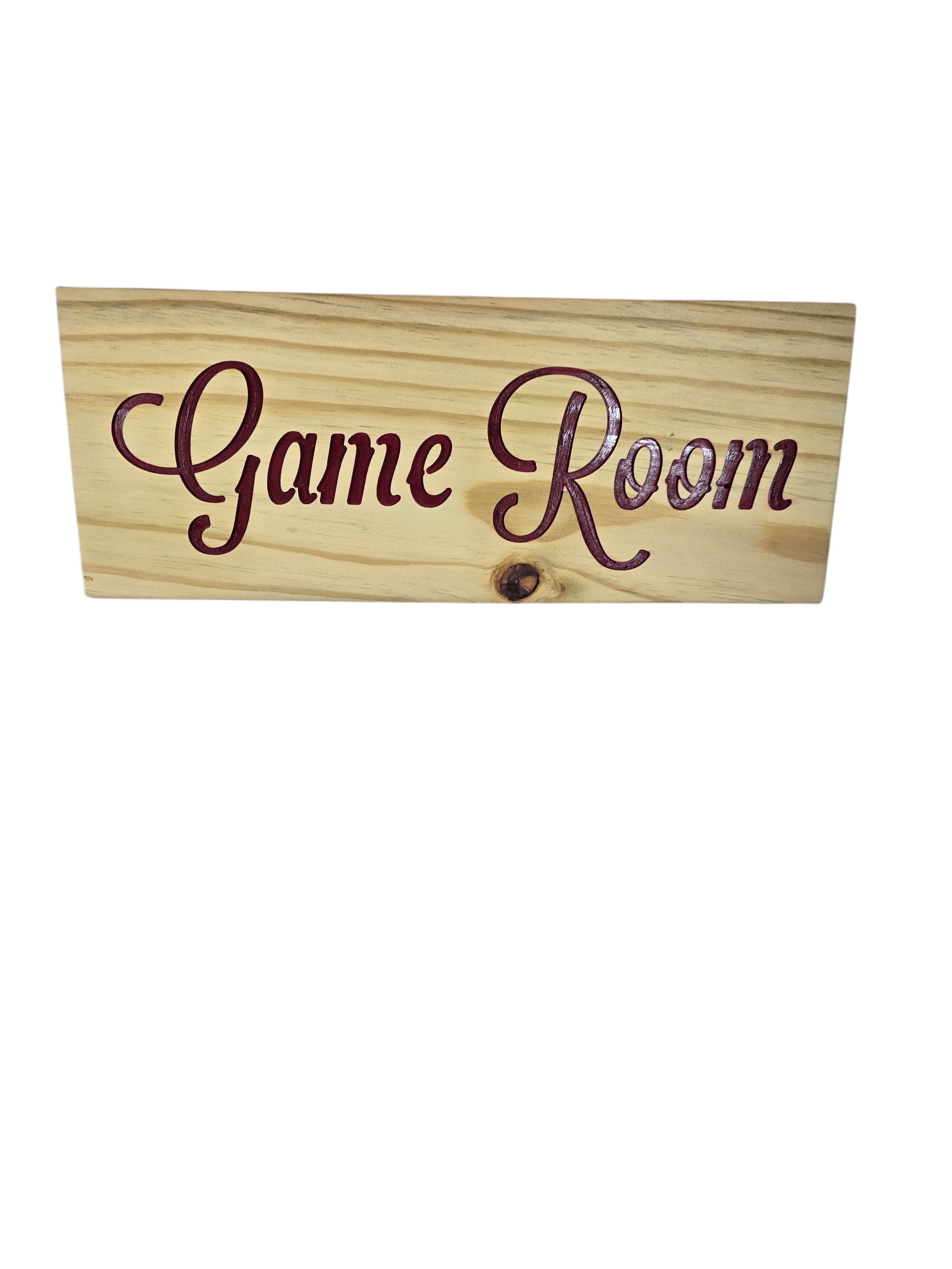 TK Wood Designs natural wood sign with burgundy "Game Room" text, perfect for game rooms.