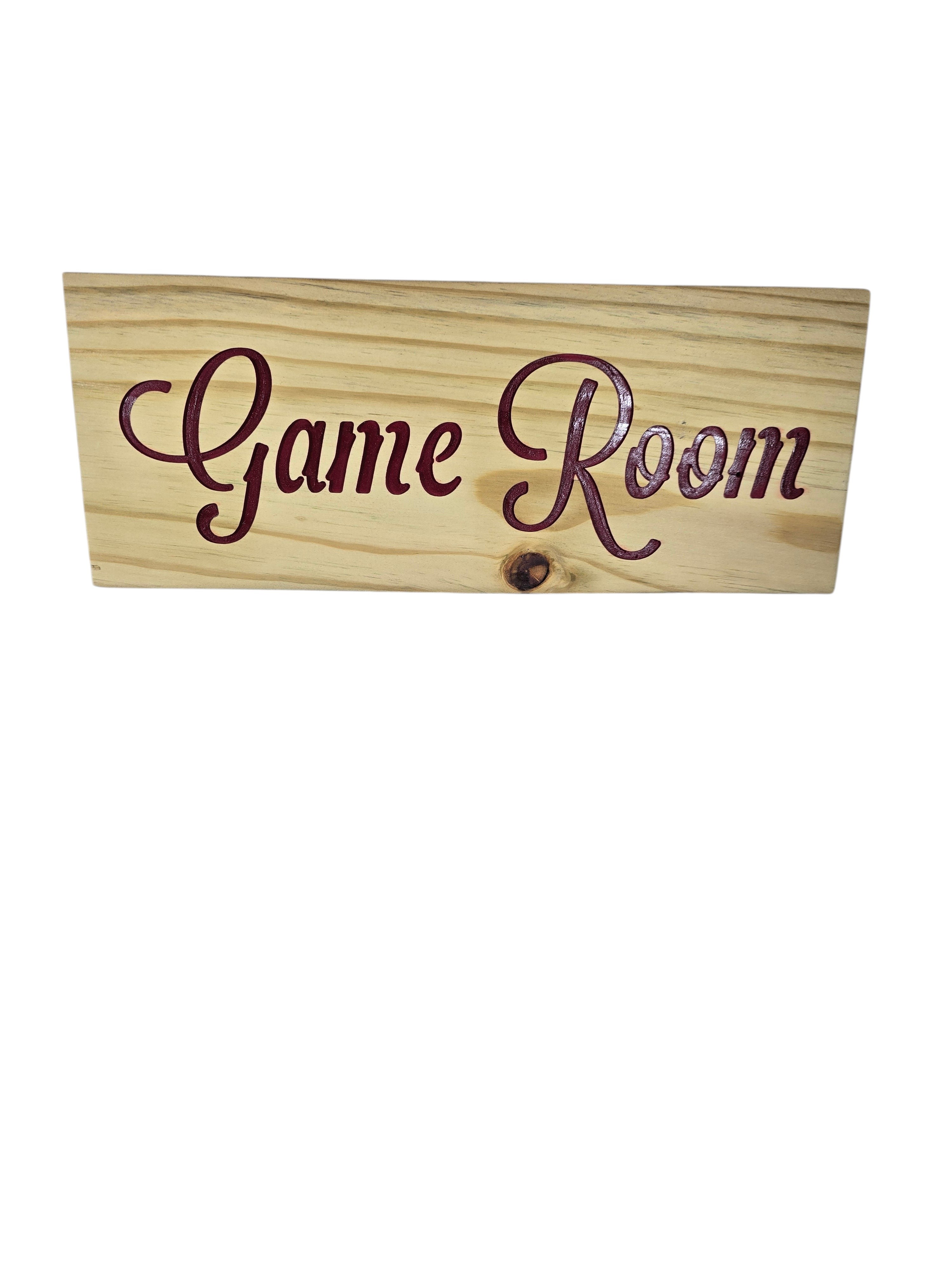TK Wood Designs rustic light wood sign with carved burgundy "Game Room" text. Perfect for game rooms.