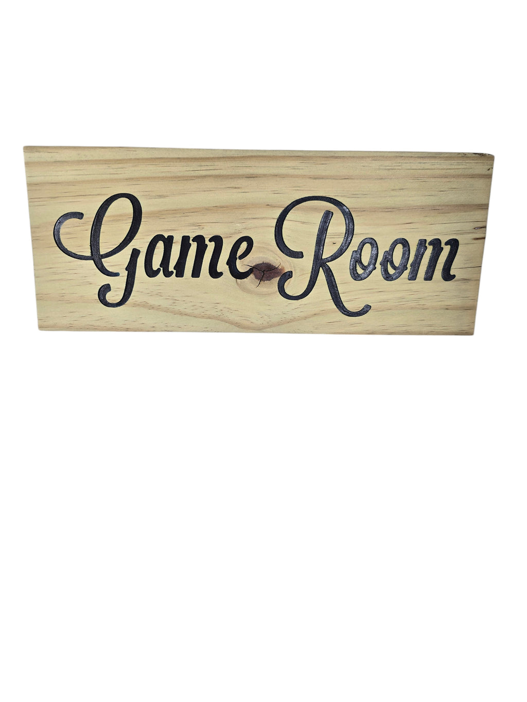 TK Wood Designs rustic wooden sign with black script text 'Game Room'.