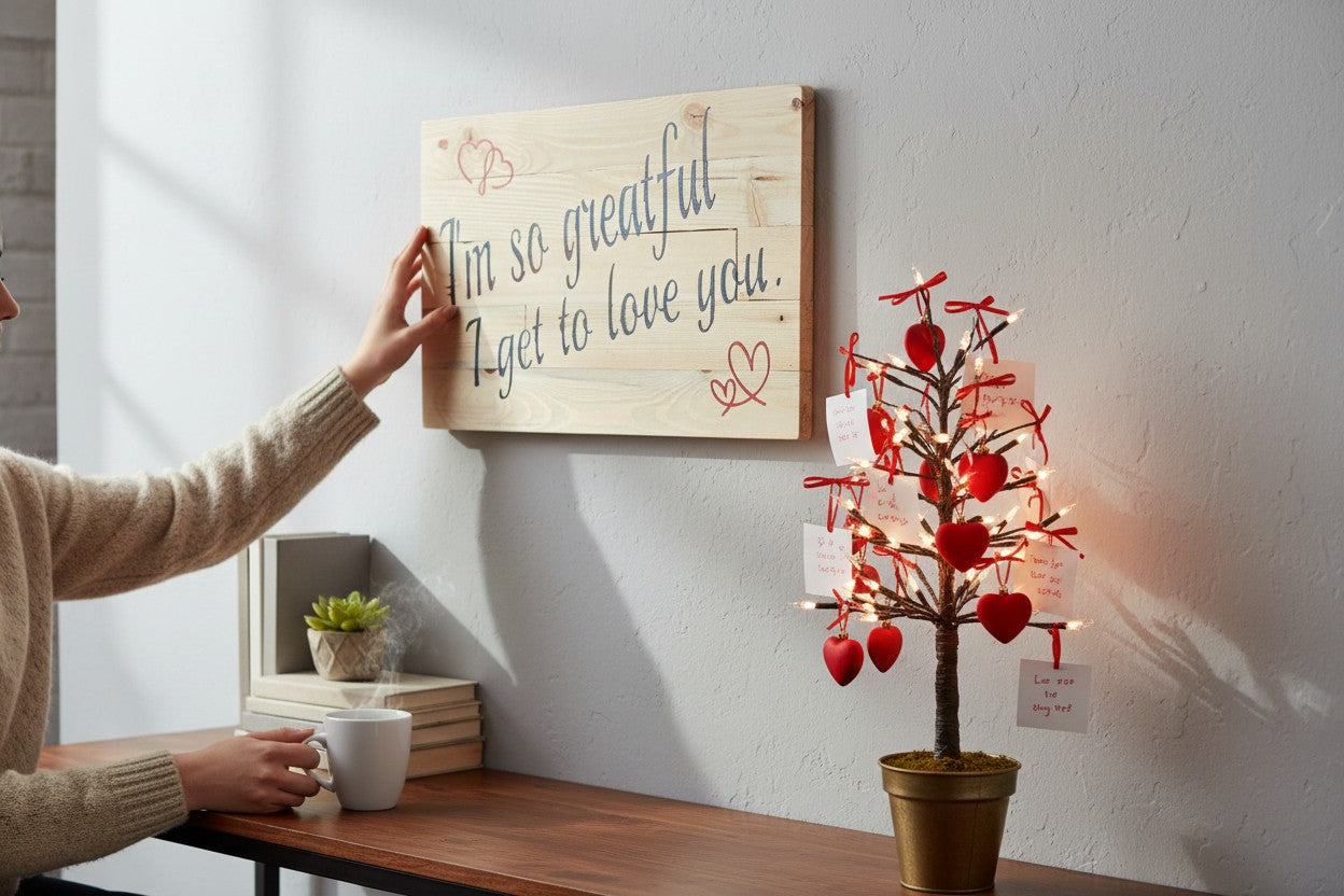 TK Wood Designs salvaged wood sign with blue script text "I'm so greatful I get to love you." and red heart accents.