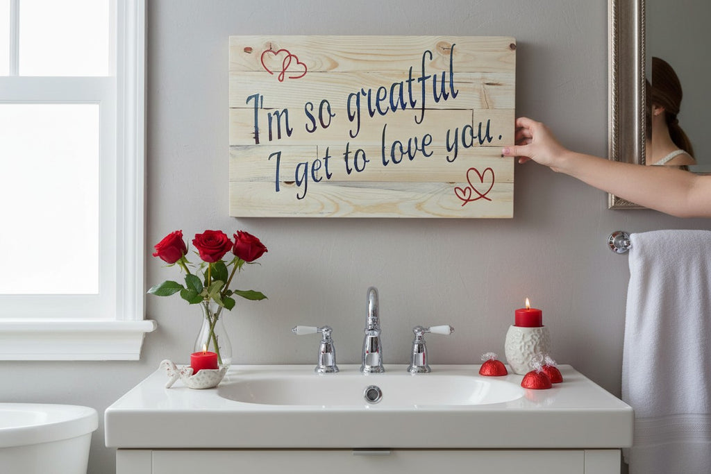 TK Wood Designs salvaged wood sign with blue script text "I'm so greatful I get to love you." and red heart accents.