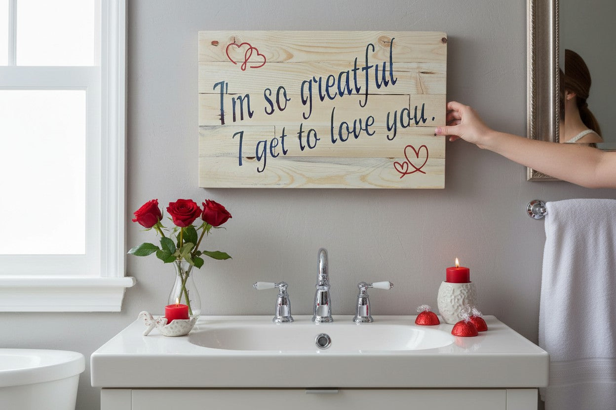 TK Wood Designs salvaged wood sign with blue script text "I'm so greatful I get to love you." and red heart accents.