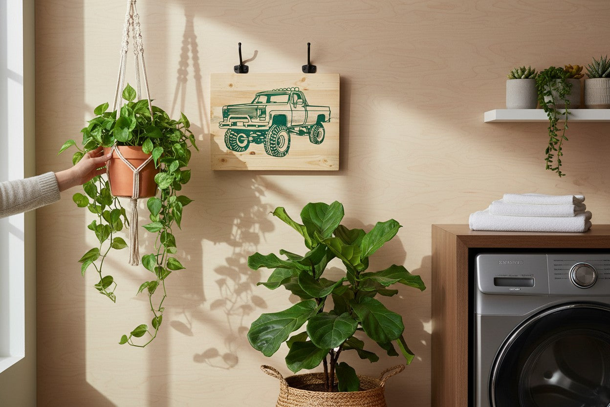 TK Wood Designs green lifted truck wood sign. Features a detailed graphic of a classic pickup truck with large off-road tires.