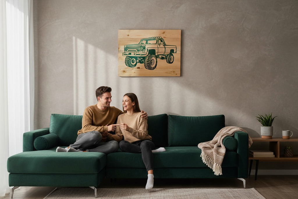 TK Wood Designs green lifted truck wood sign. Features a detailed graphic of a classic off-road pickup truck.