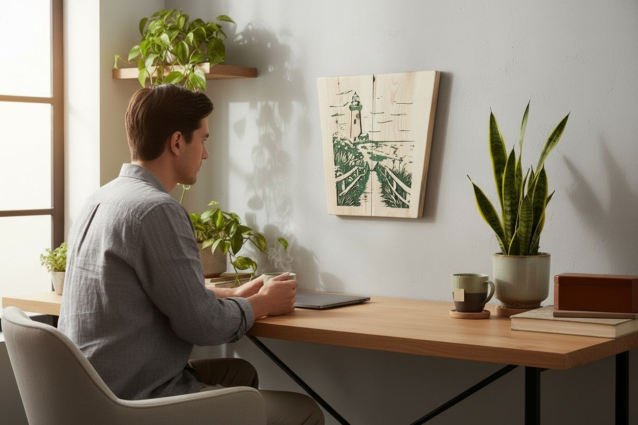 TK Wood Designs wooden wall art featuring a green lighthouse scene with a pathway and railing.