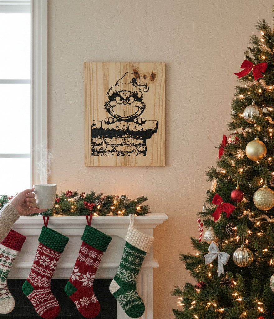 TK Wood Designs Grinch salvaged wood sign with black graphic of the Grinch peeking over a brick wall. Natural wood grain.