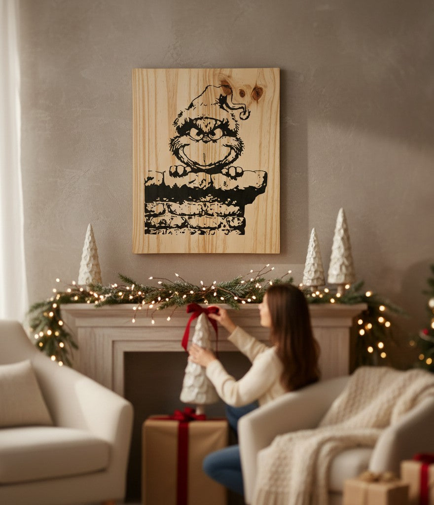 TK Wood Designs Grinch salvaged wood sign with black graphic of the Grinch peeking over a brick wall. Natural wood grain.