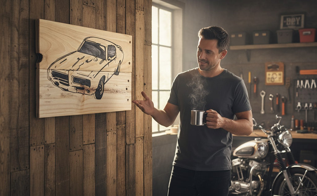 TK Wood Designs GTO car illustration on salvaged wood with black ink and natural wood grain.