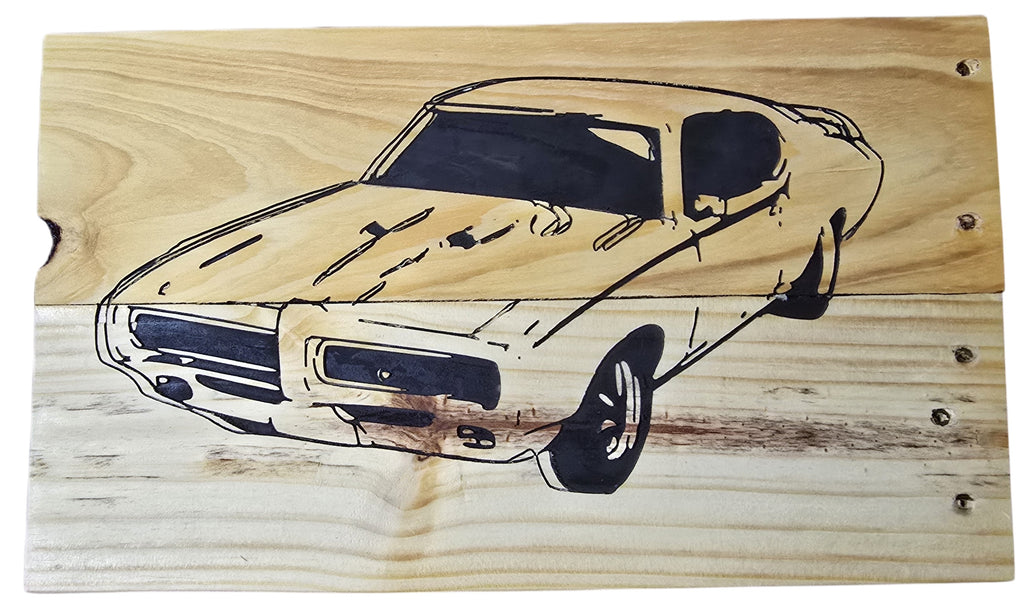TK Wood Designs GTO car illustration on salvaged wood with authentic patina. Vintage automotive art.