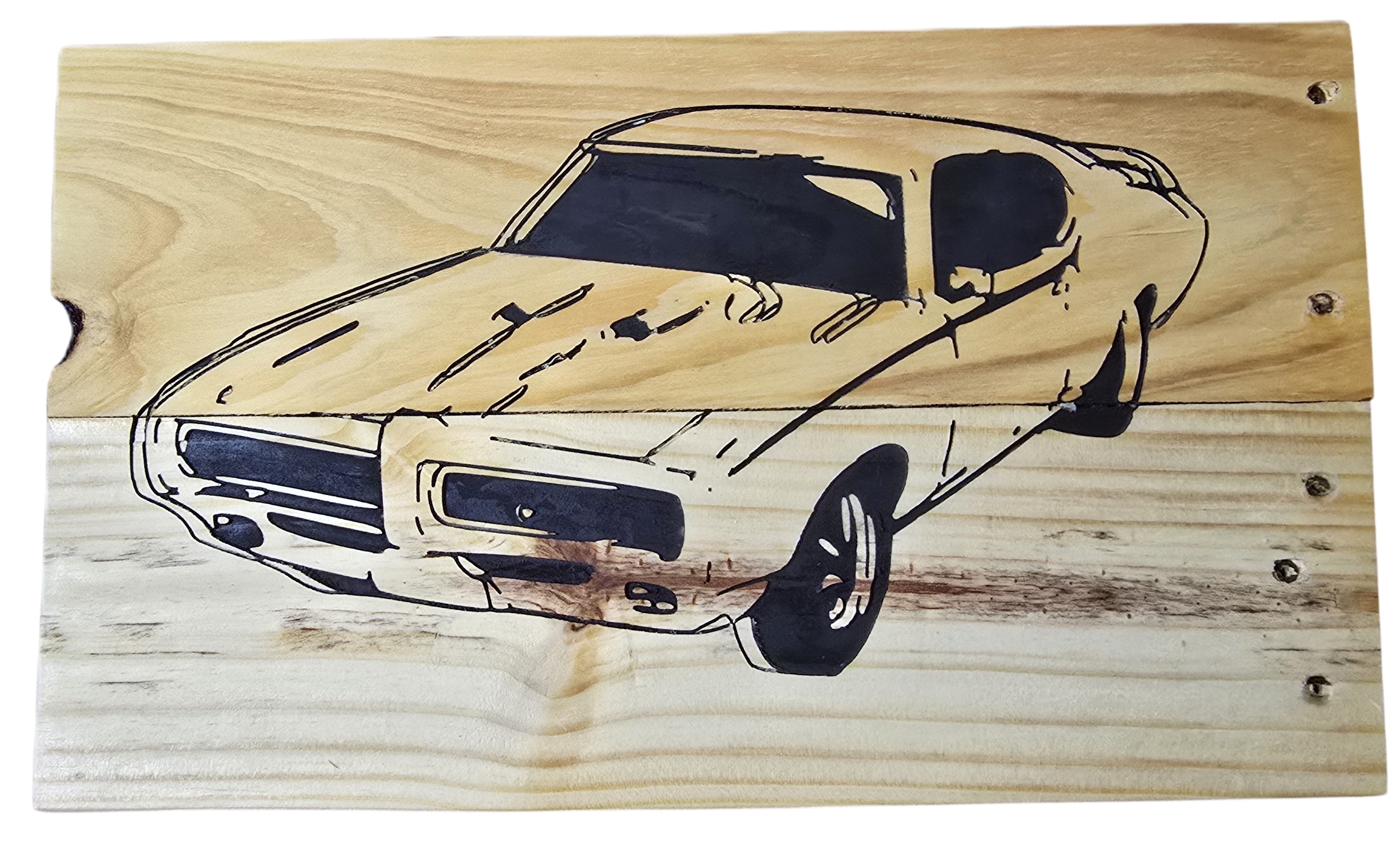TK Wood Designs GTO car illustration on salvaged wood with authentic patina. Vintage automotive art.