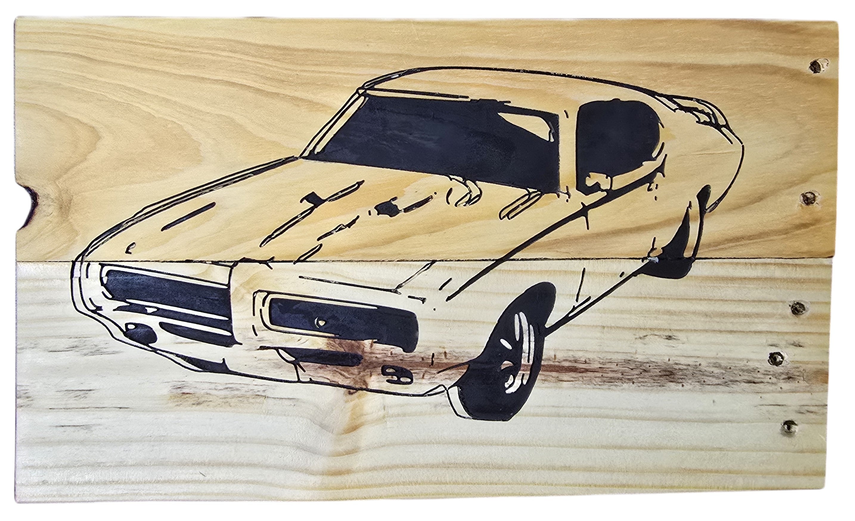 TK Wood Designs GTO car illustration on salvaged wood, black ink on natural wood grain.