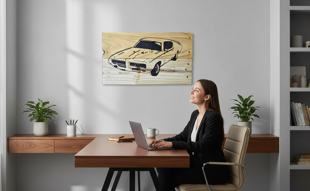 TK Wood Designs GTO car illustration on salvaged wood with black ink and natural wood grain.