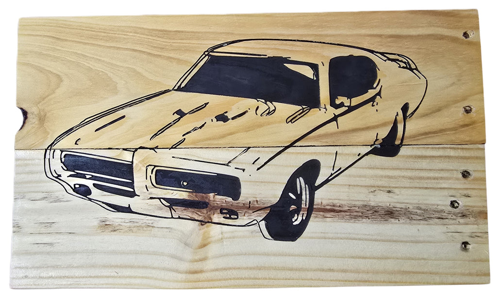 TK Wood Designs GTO car illustration on salvaged wood with black ink detail and visible wood grain.