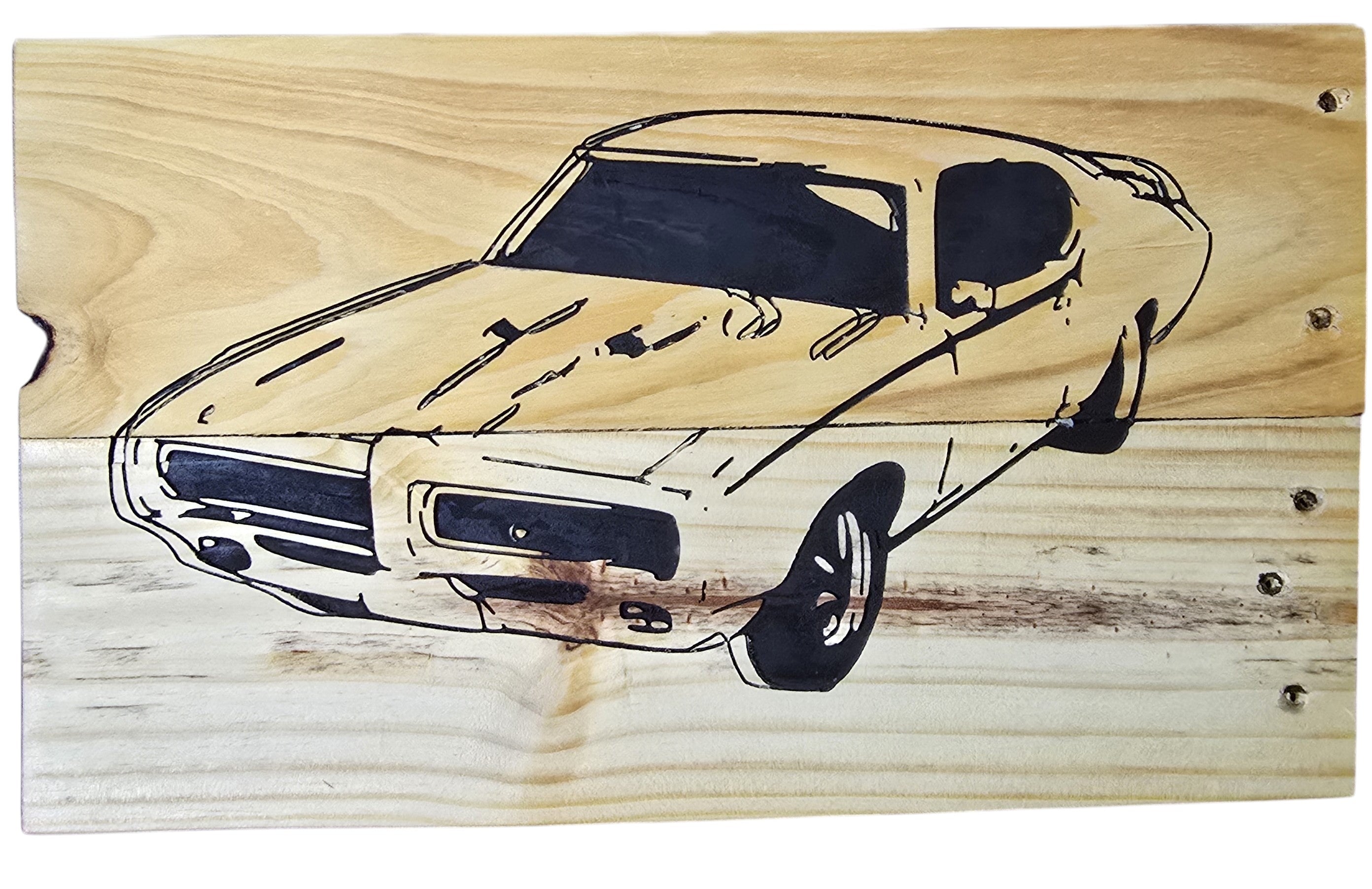 TK Wood Designs GTO car illustration on salvaged wood sign with black outline and natural wood grain.