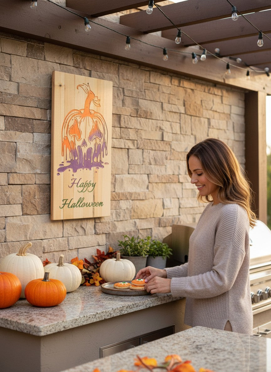 TK Wood Designs Melting pumpkin Halloween sign, hand-painted on reclaimed wood with orange and purple drips.