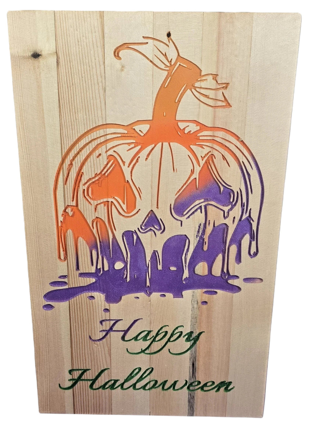 TK Wood Designs handcrafted wooden Halloween sign featuring a melting pumpkin in orange and purple with