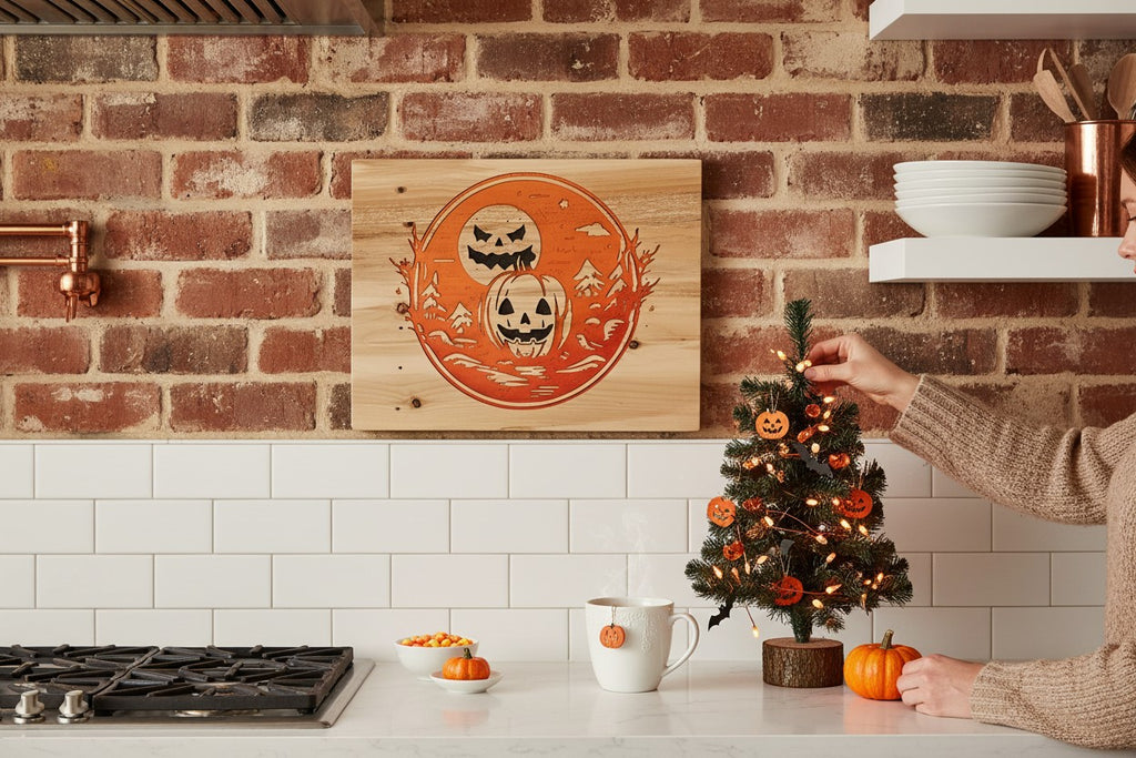 TK Wood Designs rustic wood sign with carved jack-o'-lanterns and moon, perfect for Halloween decor.