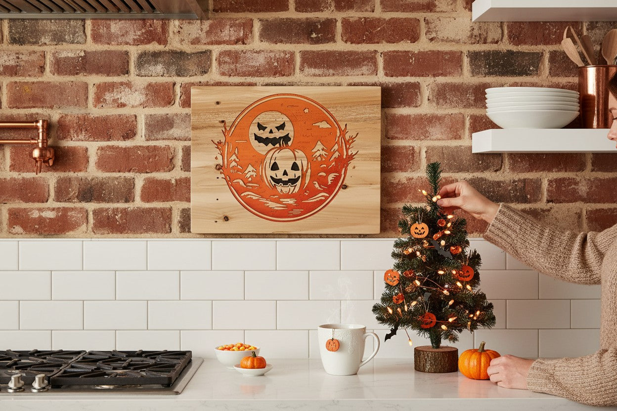 TK Wood Designs rustic wood sign with carved jack-o'-lanterns and moon, perfect for Halloween decor.