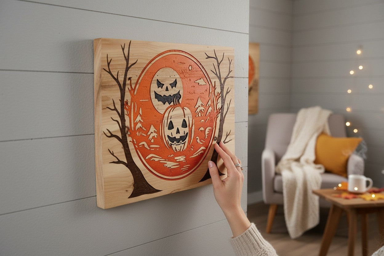 TK Wood Designs rustic wood sign featuring carved jack-o'-lanterns and a moonlit scene, perfect for Halloween decor.