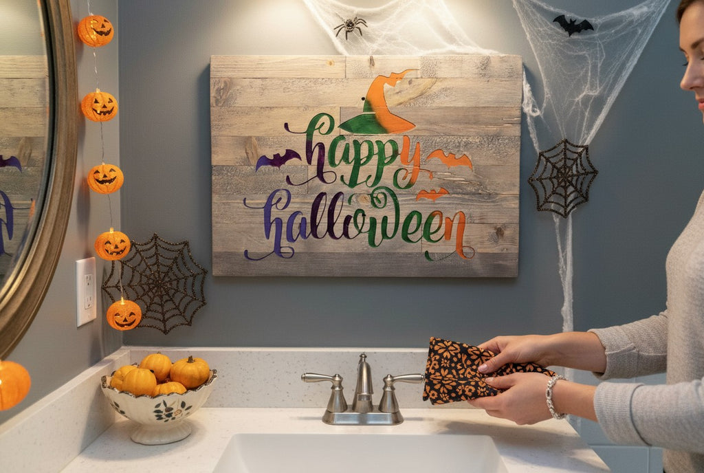 TK Wood Designs rustic reclaimed wood sign with "Happy Halloween" text and witch hat graphic, featuring bats. Wood has a weathered grey finish.