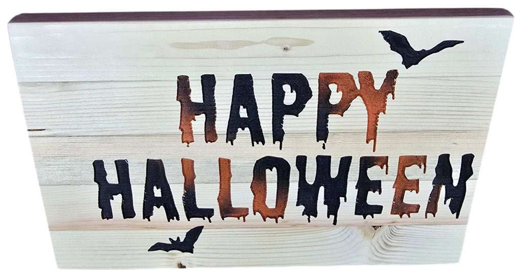 TK Wood Designs Happy Halloween wooden sign with bats, featuring distressed orange and black lettering on a natural wood background.