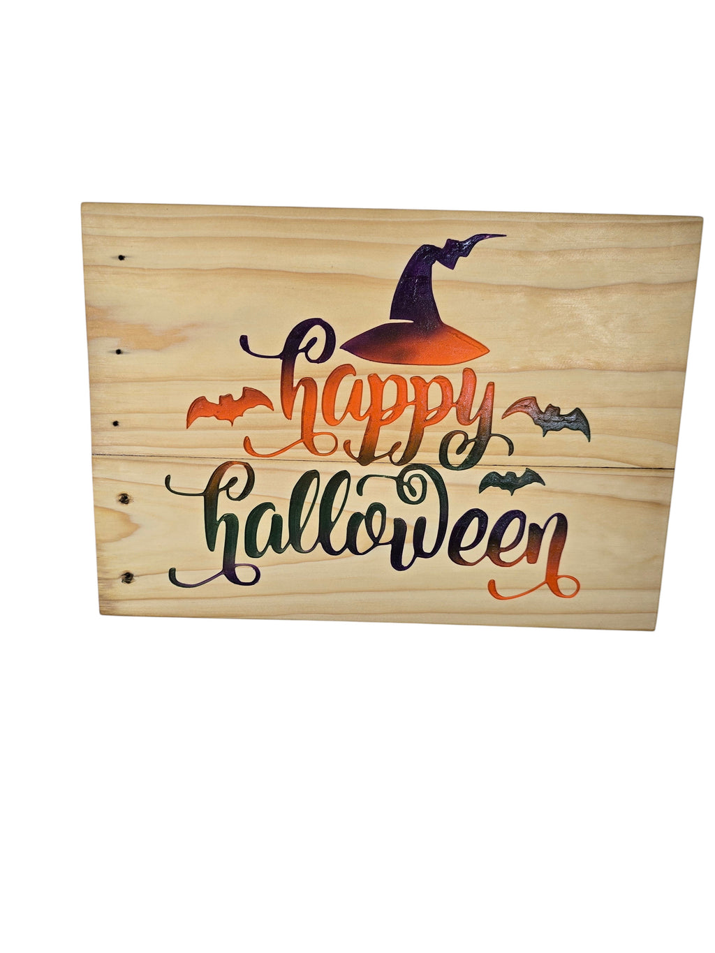 TK Wood Designs natural wood sign with "happy halloween" text, witch hat, and bats. Perfect for Halloween decor.