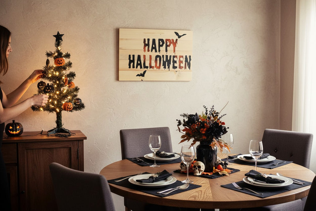TK Wood Designs Happy Halloween rustic wood sign with dripping black and orange letters and bat silhouettes.